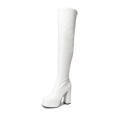 Super High Heel Thick Sole Thick Heel Square Toe Sock Boots with Side Zipper by Dream Pairs