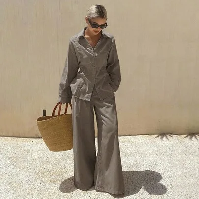 Solid Color Pleated Shirt and Wide Leg Pants Casual Suit Lounge Set by Livesso
