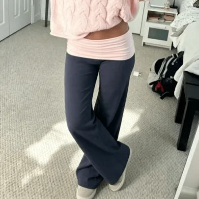 Lounge Wide Leg Sweatpants Fold Over Low Waist Yoga Foldover Pants by SHEIN