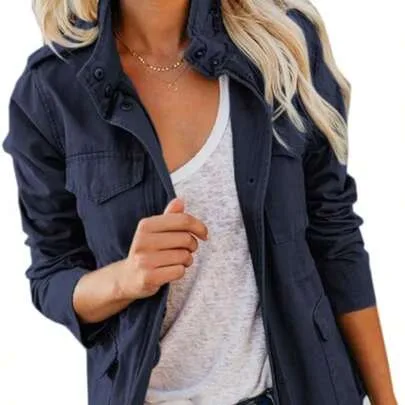 Casual Plain Long Sleeve Shacket with Collar Pockets and Zipper Buttons Woven Fabric by Fnortc