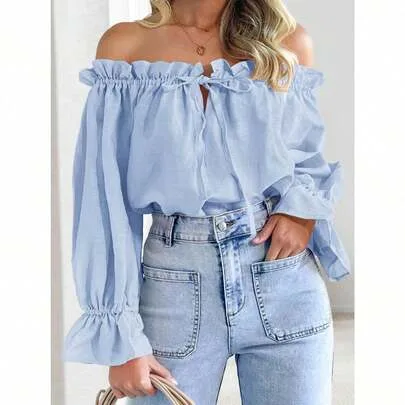 Fall Off the Shoulder Ruffle Blouse Puff Sleeve Tie Front Design Loose Elegant Top by Saodimallsu
