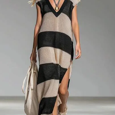 Striped V-Neck Crochet Dress Loose Side Slit Beach Cover Up by SHEIN