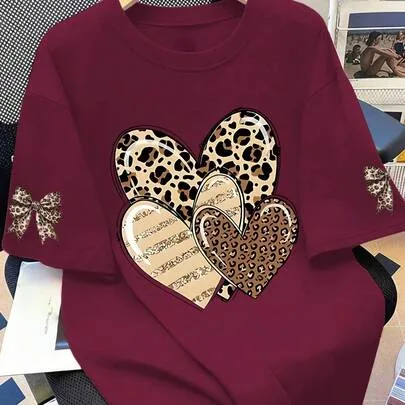 Casual Heart Leopard Print Round Neck T-Shirt by SHEIN