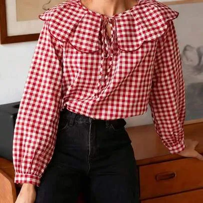 Plaid Contrast Color Knotted Ruffle/Frill Trim Blouse by SHEIN