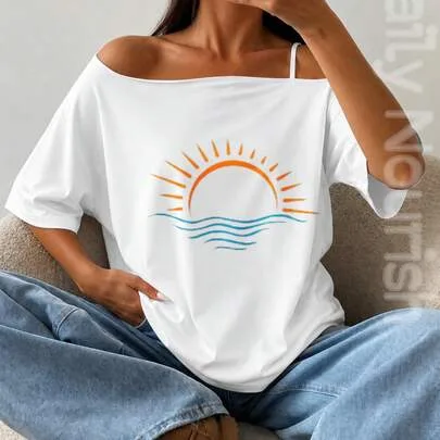 Asymmetrical Off-Shoulder T-Shirt Casual Loose Short Sleeve Top with Spaghetti Strap Detail by SHEIN