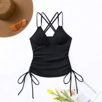 Drawstring Side Criss Cross Backless Tankini Top by SHEIN