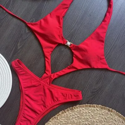 Solid Color Pearl Embellished One-Piece Bikini Swimsuit by Sultry Sol