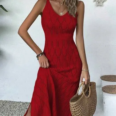 Casual V-Neck Solid Color Crochet Split Hem Dress by SHEIN