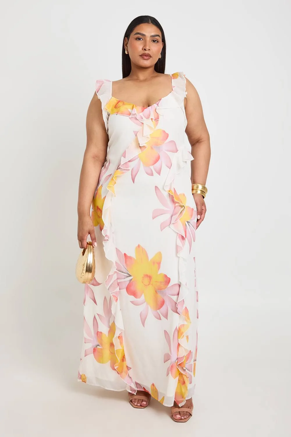 Floral Chiffon Strappy Ruffle Maxi Dress