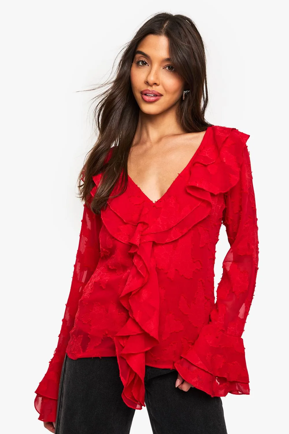 Floral Texture Ruffle Blouse - Woven by boohoo