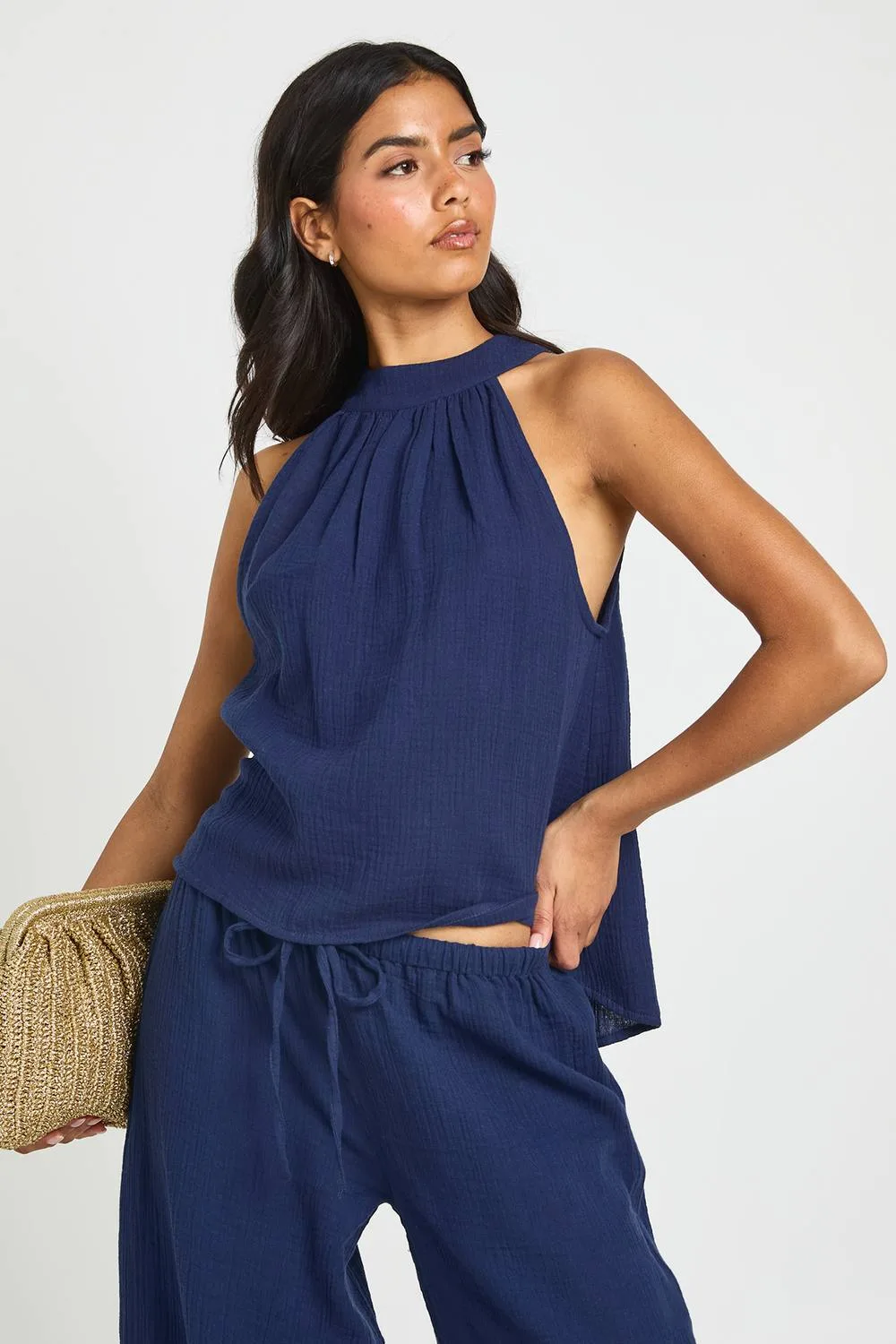 Cheesecloth High Neck Floaty Top - Denim/Cotton/Linen
