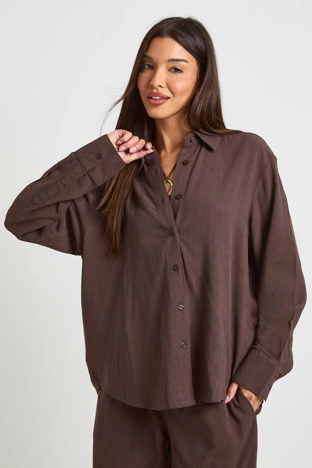 Premium Linen Oversized Shirt - Denim/Linen/Polyurethane by boohoo