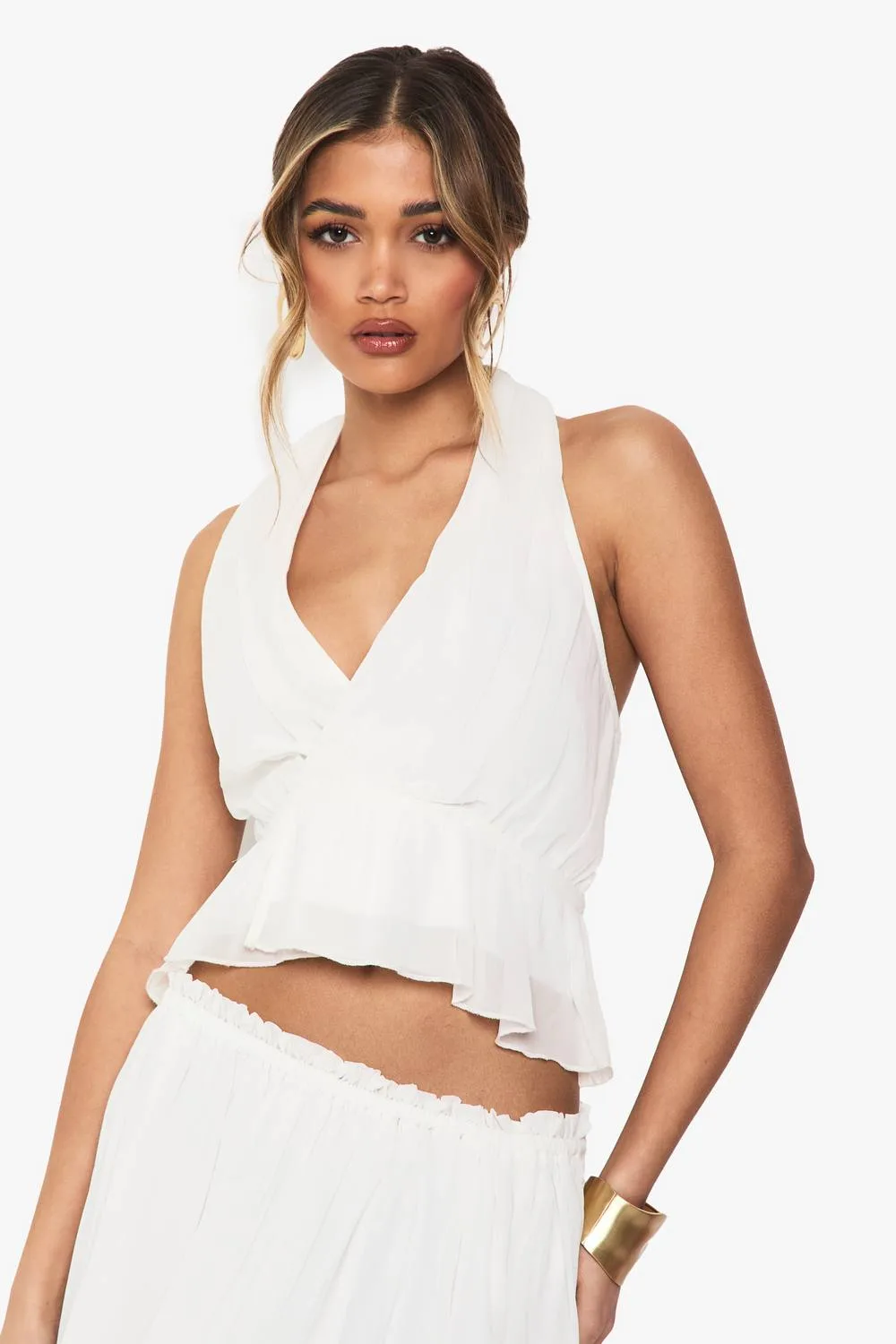Halterneck Wrap Front Woven Cami Top - Chiffon by boohoo