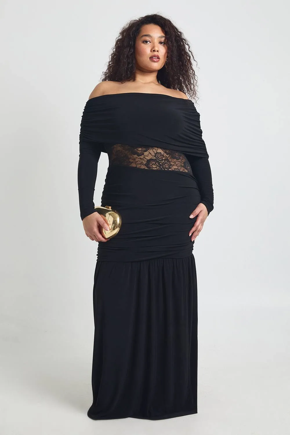 Asymmetric Neckline Lace Insert Long Sleeve Maxi Dress - Knitted