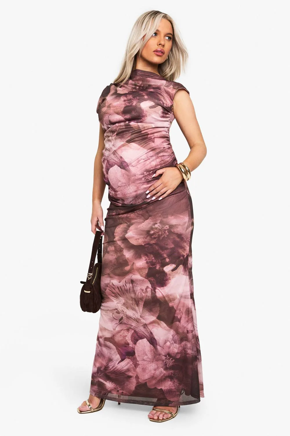 Maternity Abstract Ruched Mesh Maxi Dress by boohoo