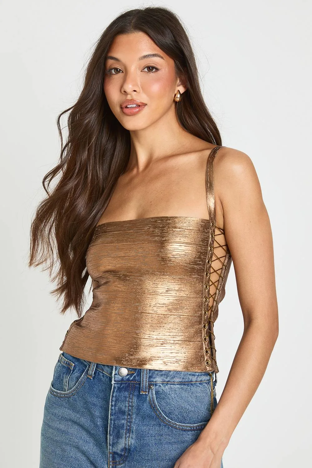 Metallic Bandage Lace Up Corset Top - Denim/Elastane/Woven by boohoo