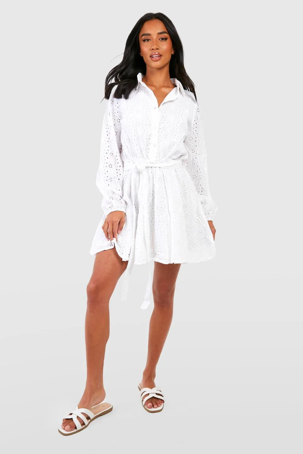 Broderie Belted Skater Shirt Dress - Woven by boohoo