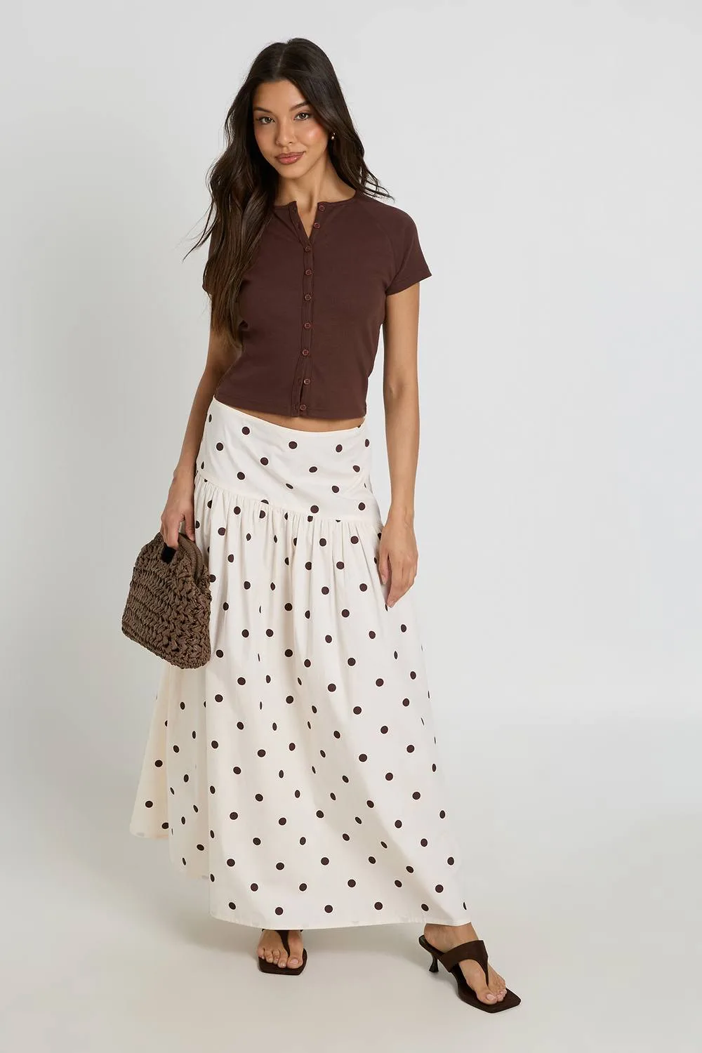 Polka Dot Asymmetric Dropped Waist Maxi Skirt - Cotton/Polyurethane/Woven by boohoo