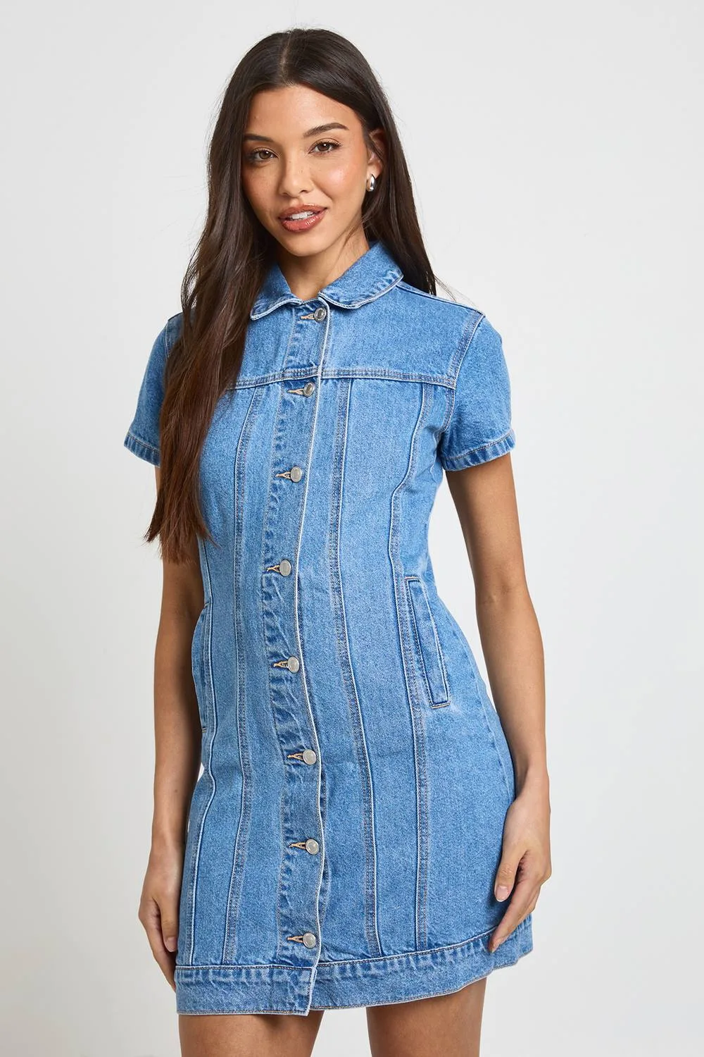Western Denim Short Sleeve Mini Dress - Denim/Cotton/Polyurethane