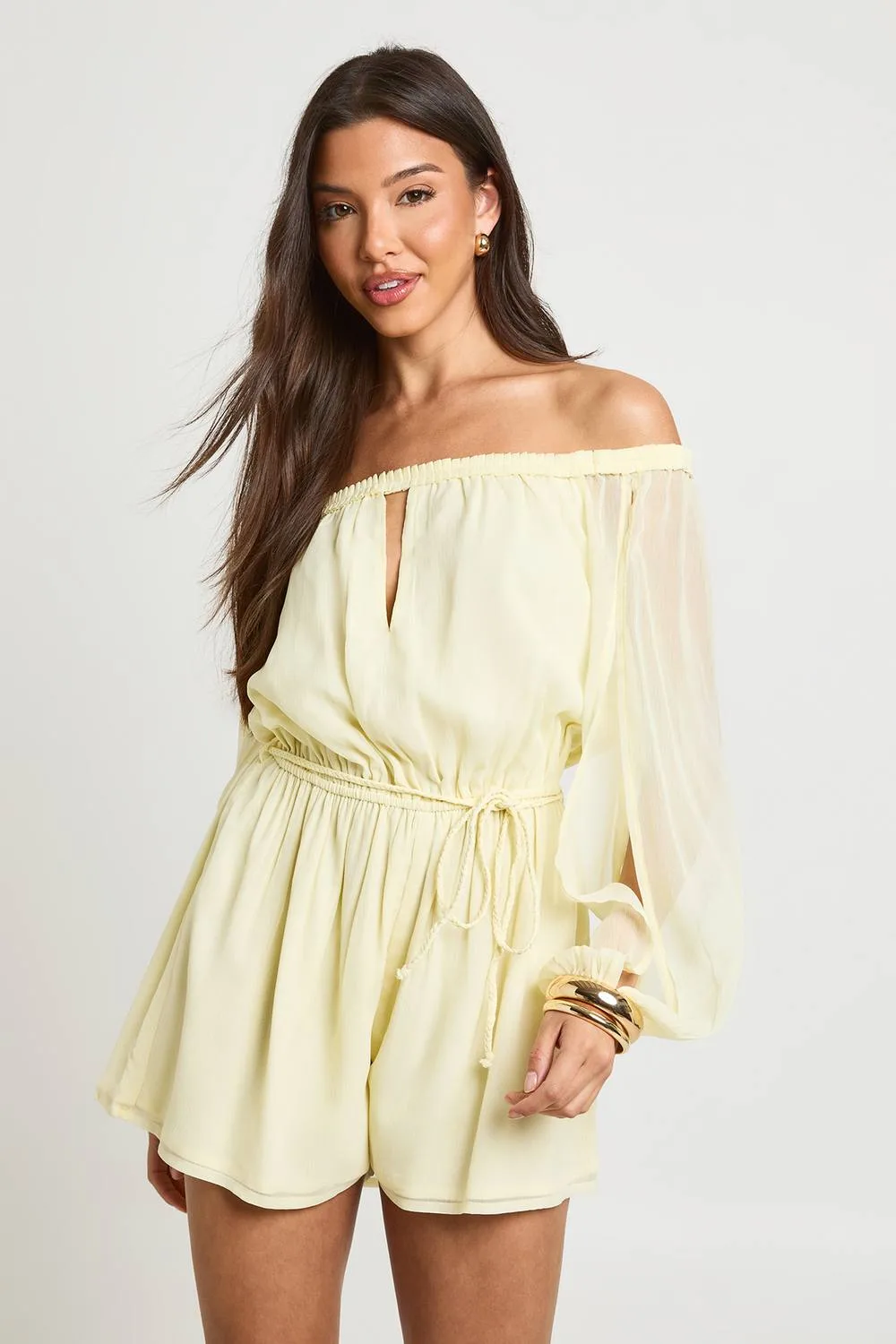 Chiffon Bardot Volume Sleeve Playsuit - Chiffon/Woven