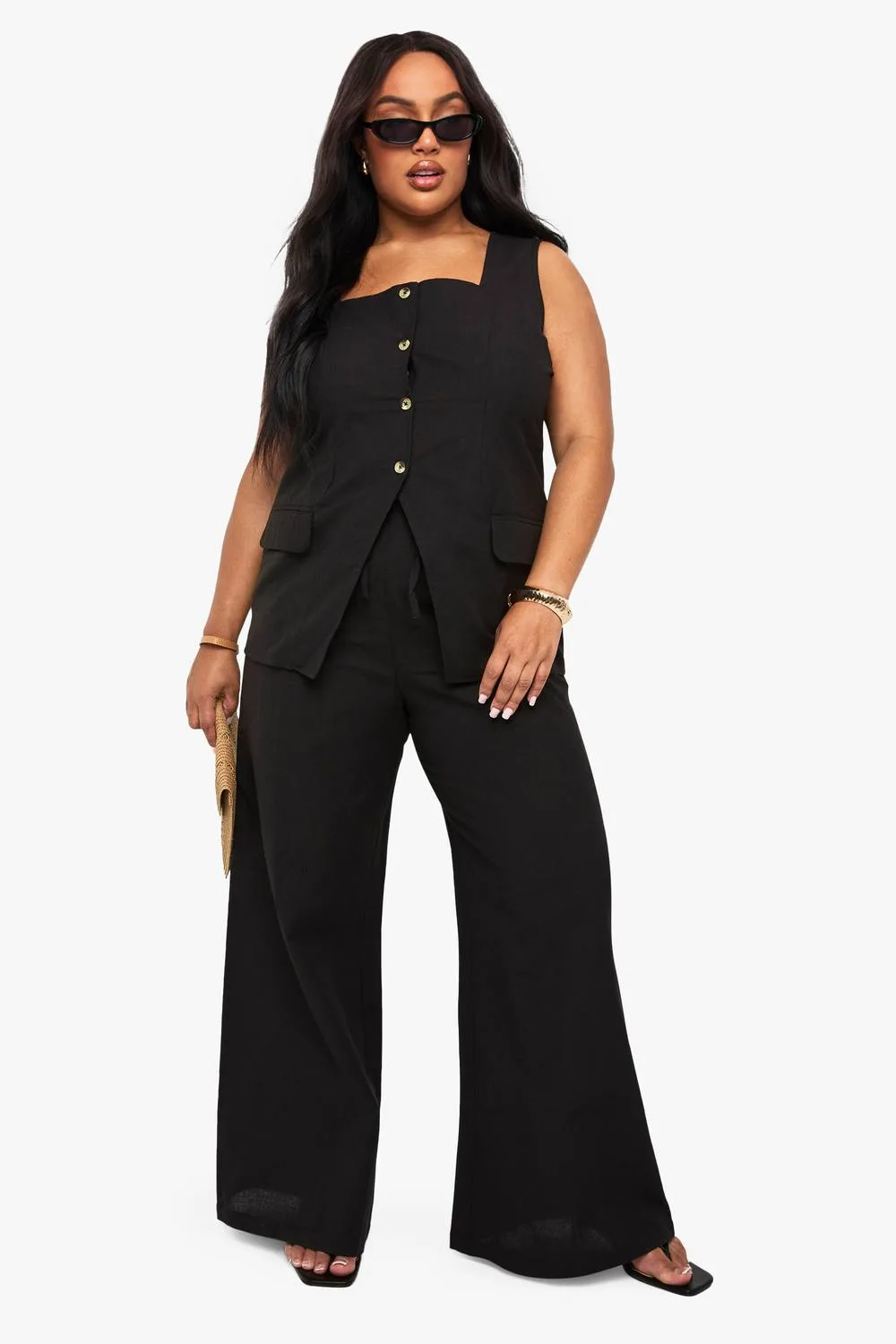 Linen Look Square Neck Waistcoat & Tailored Wide Leg Trouser Co-Ord by boohoo