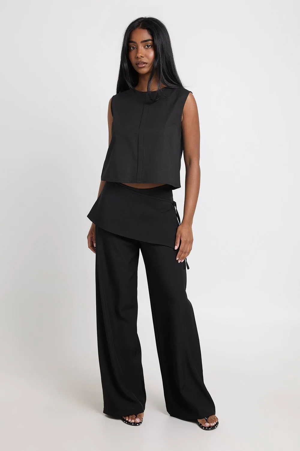 Skirt Overlay Wide Leg Tailored Trousers - Polyurethane/Woven by boohoo