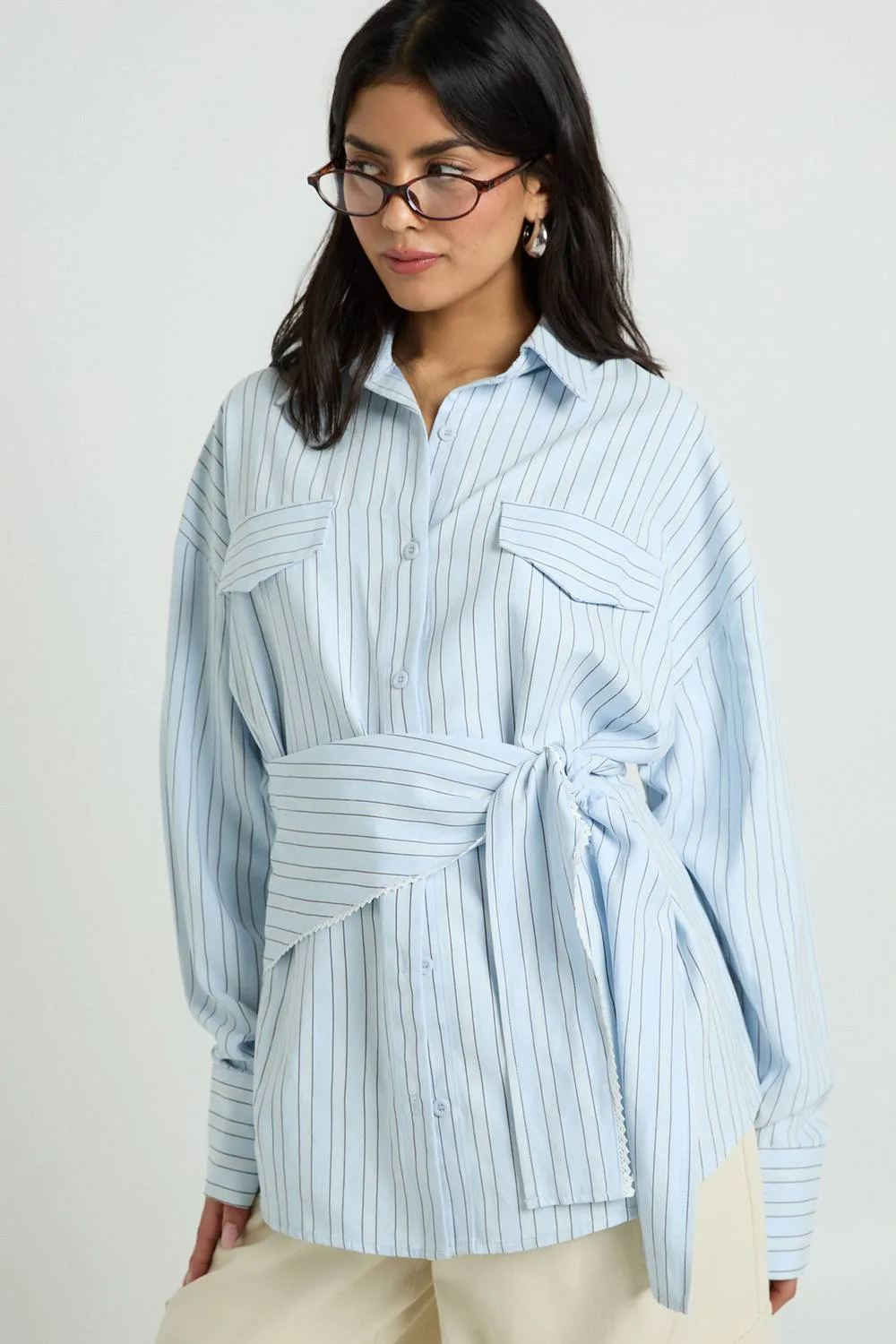 Oversized Woven Stripe Shirt with Waist Tie by boohoo