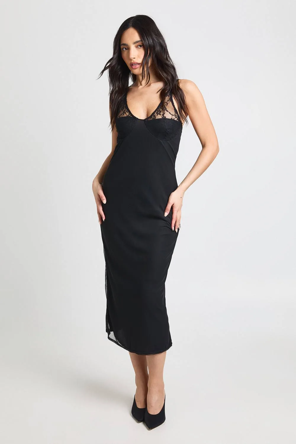 Mesh Bodycon Dress with Lace Cup Detail by boohoo