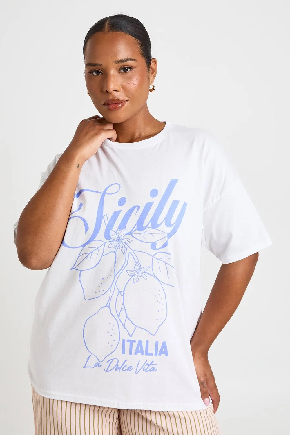 La Dolce Vita Printed T-Shirt - Denim/Linen/Polyurethane
