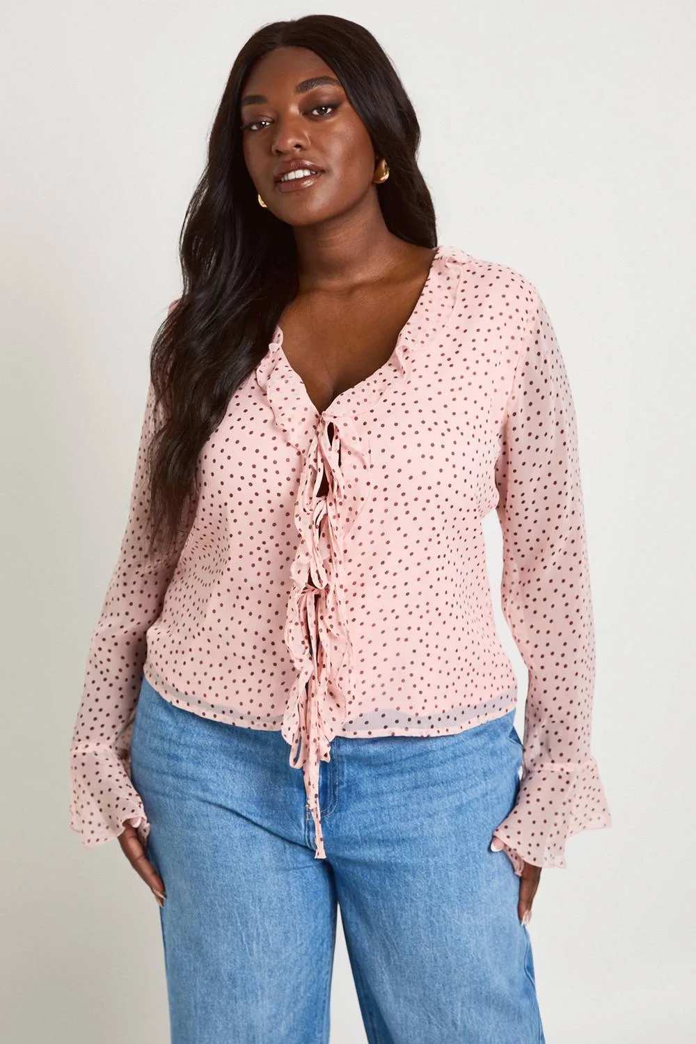 Polka Dot Chiffon Ruffle Blouse - Denim/Chiffon/Polyurethane by boohoo