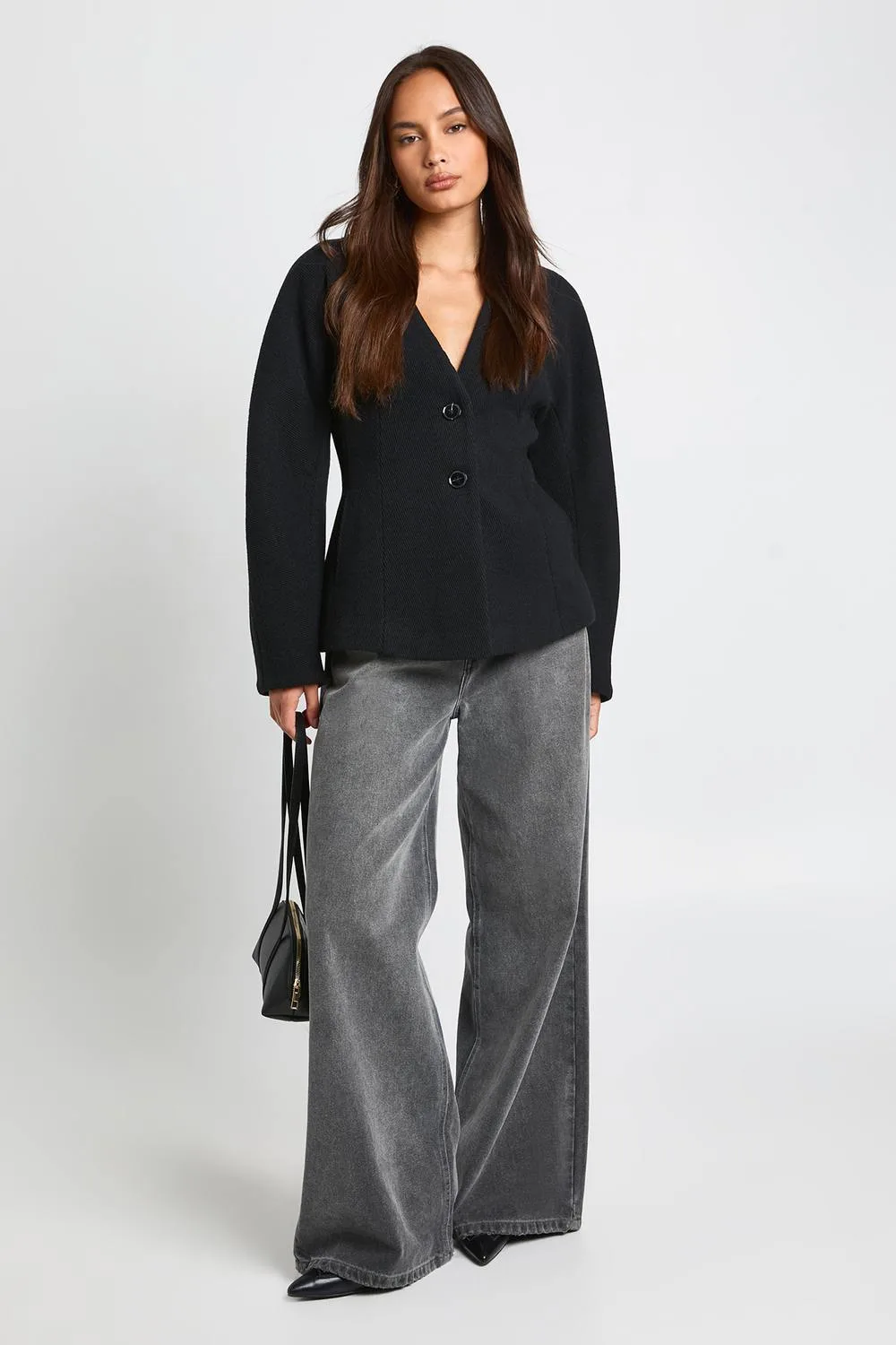 Wool Look Cinched Waist Jacket - Plastic by boohoo