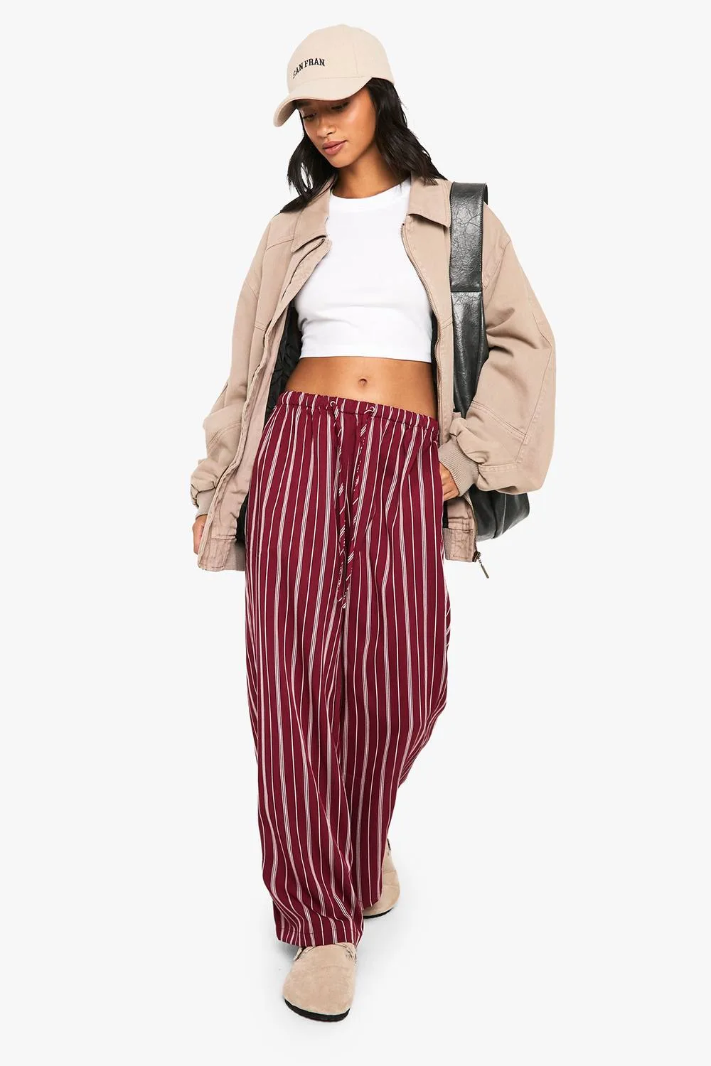 Pinstripe Wide Leg Drawcord Waist Trousers - Woven by boohoo