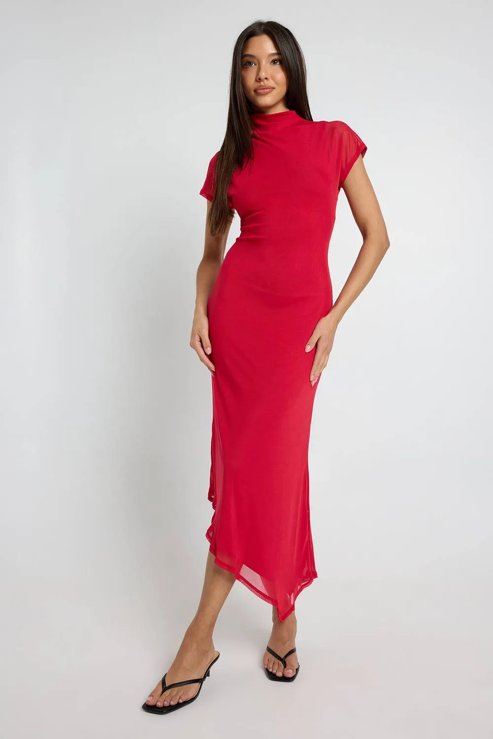 Mesh Cap Sleeve Asym Hem Midaxi Dress by boohoo