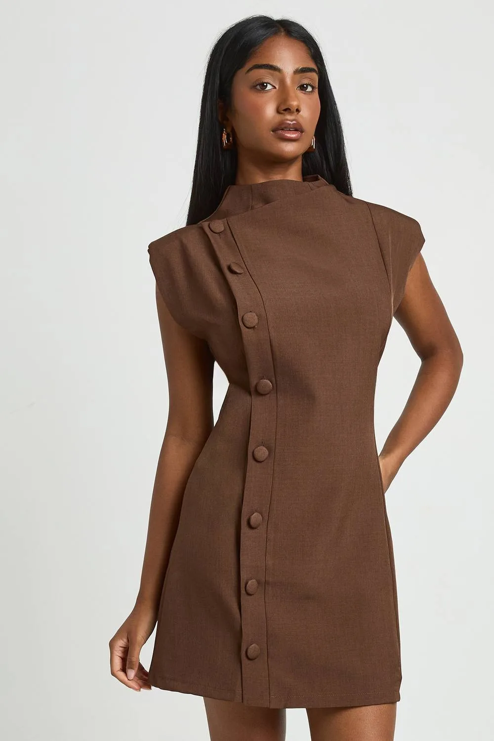 Tailored Sleeveless Asymmetric Button Down Mini Dress - Polyurethane/Woven by boohoo
