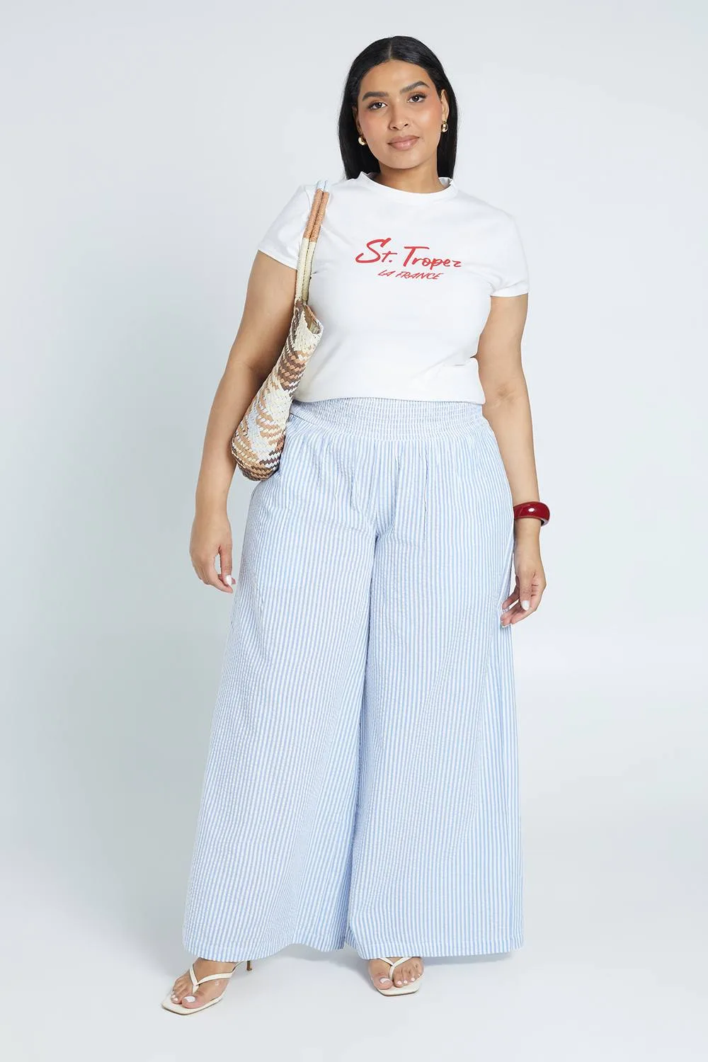 Shirred Waist Gingham Wide Leg Trouser - Cotton/Linen/Polyurethane