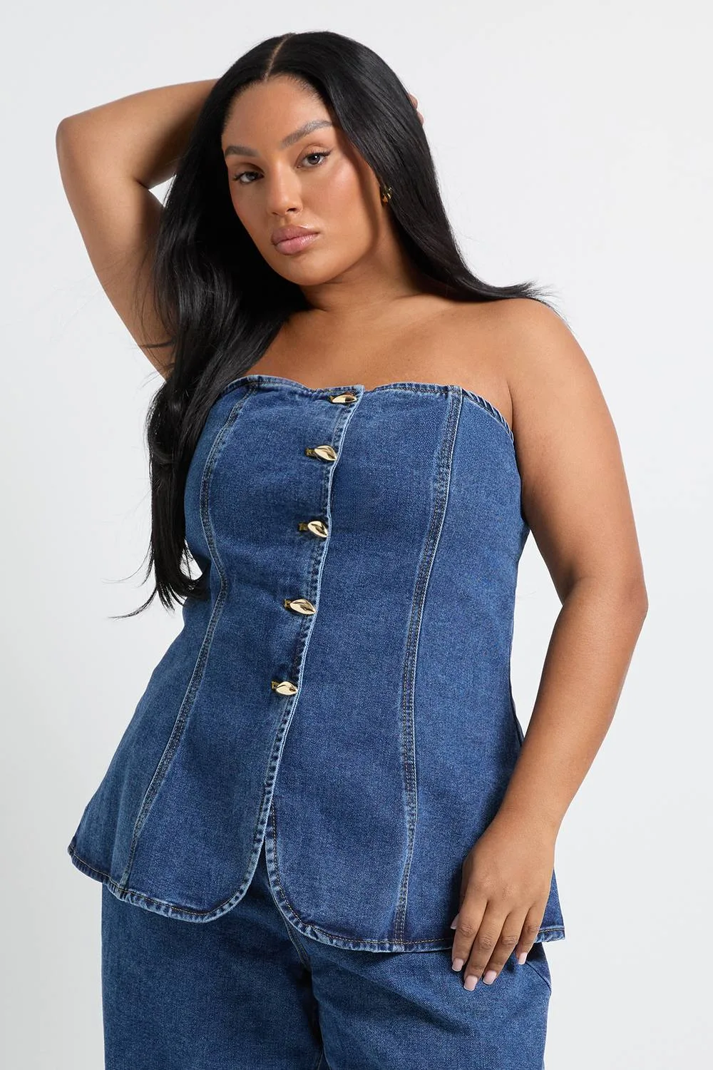 Gold Button Detail Bandeau Denim Top by boohoo