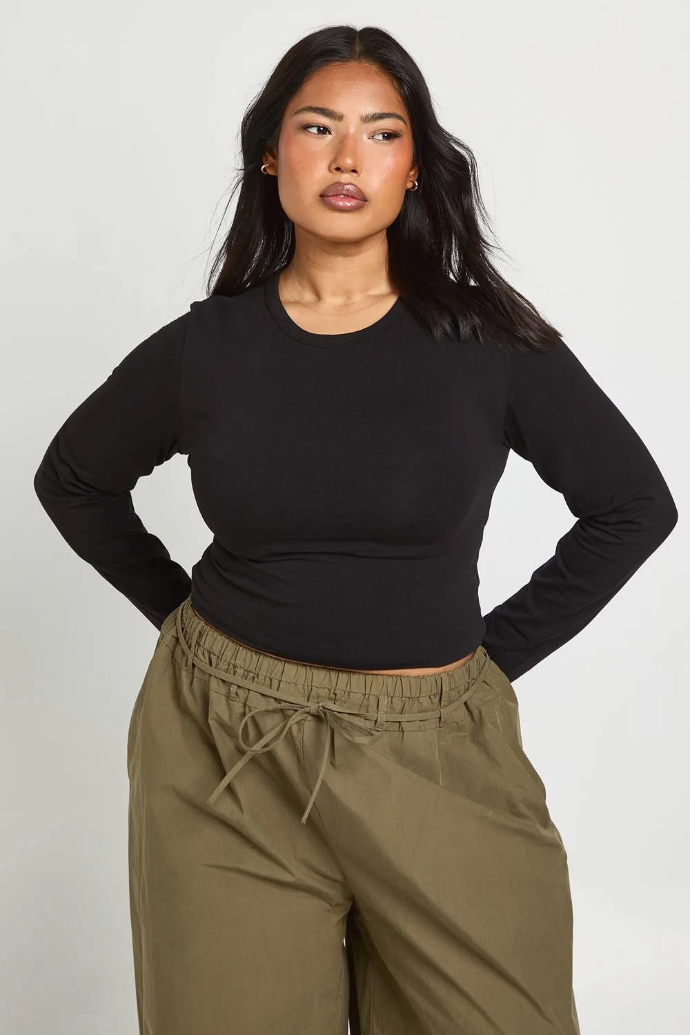 Basic Long Sleeve Fitted Top - Denim/Cotton/Elastane by boohoo