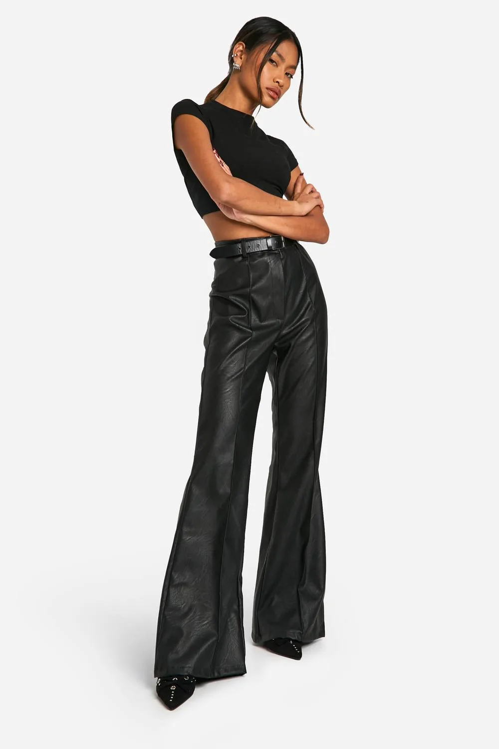 Leather Look High Waisted Seam Front Flared Trousers