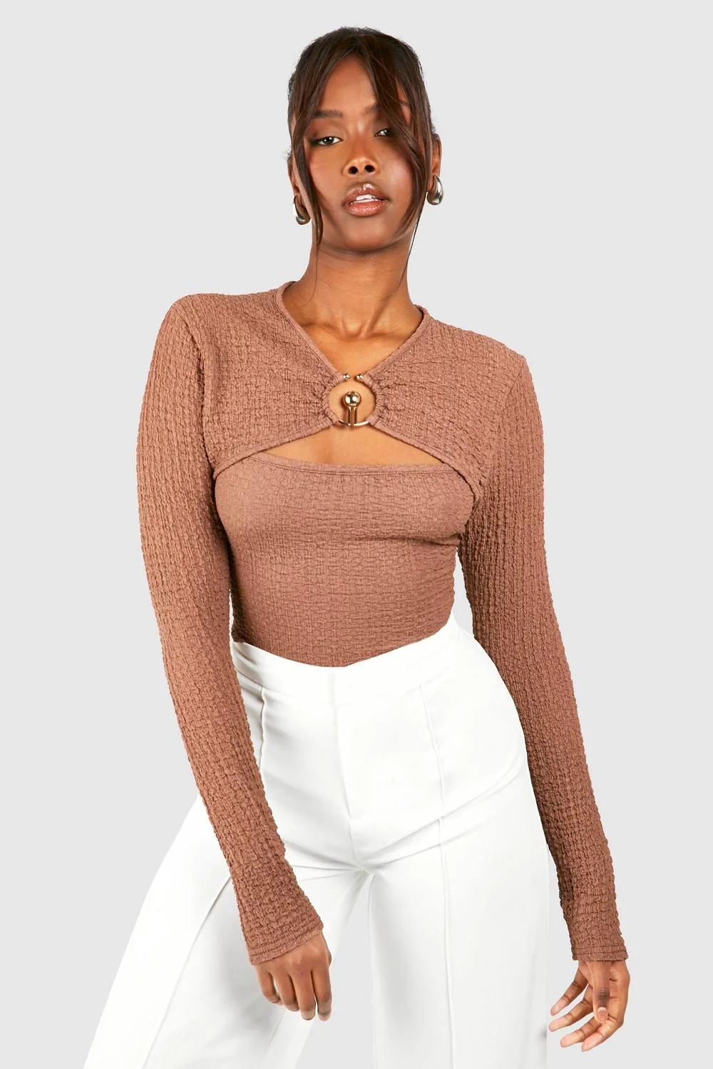 Textured Ring Detail Cut Out Long Sleeve Top - Knitted
