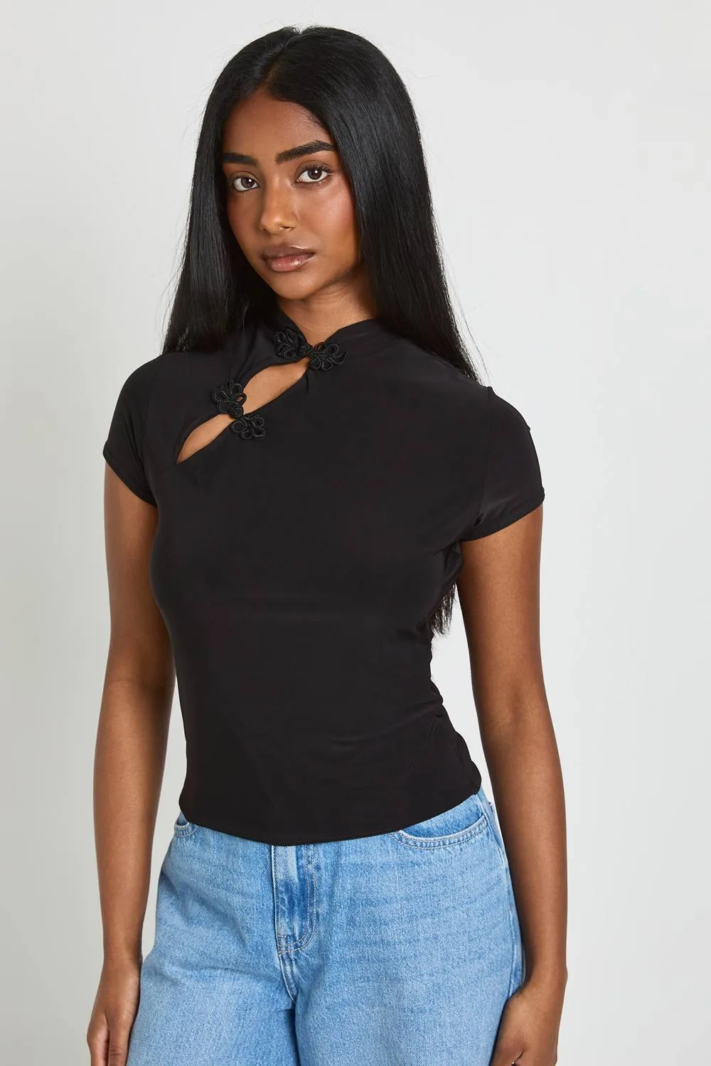 Grown on Neck Asym Button Up Top - Knitted by boohoo