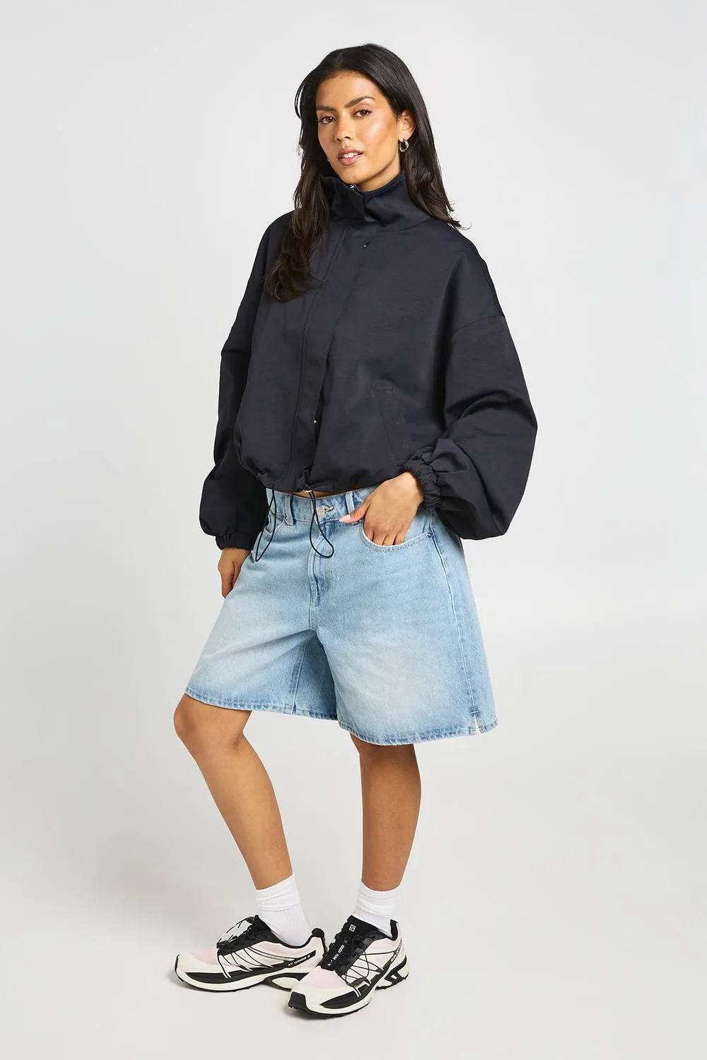 Funnel Neck Denim Bomber Jacket by boohoo