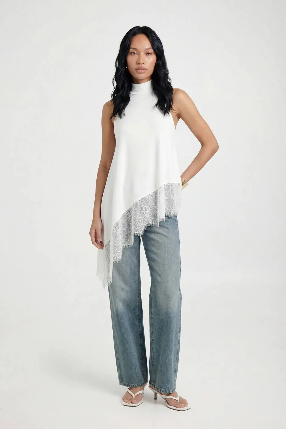 Slinky High Neck Lace Asym Hem Top - Denim by boohoo