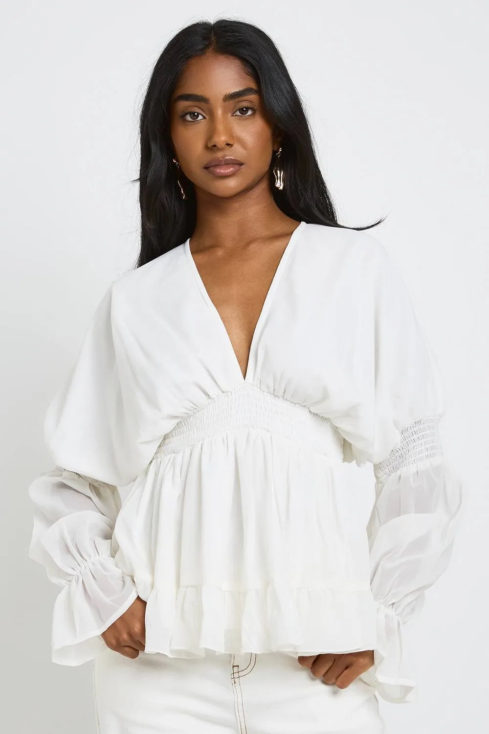 V-Neck Blouson Sleeve Volume Smock Top - Denim/Polyurethane by boohoo