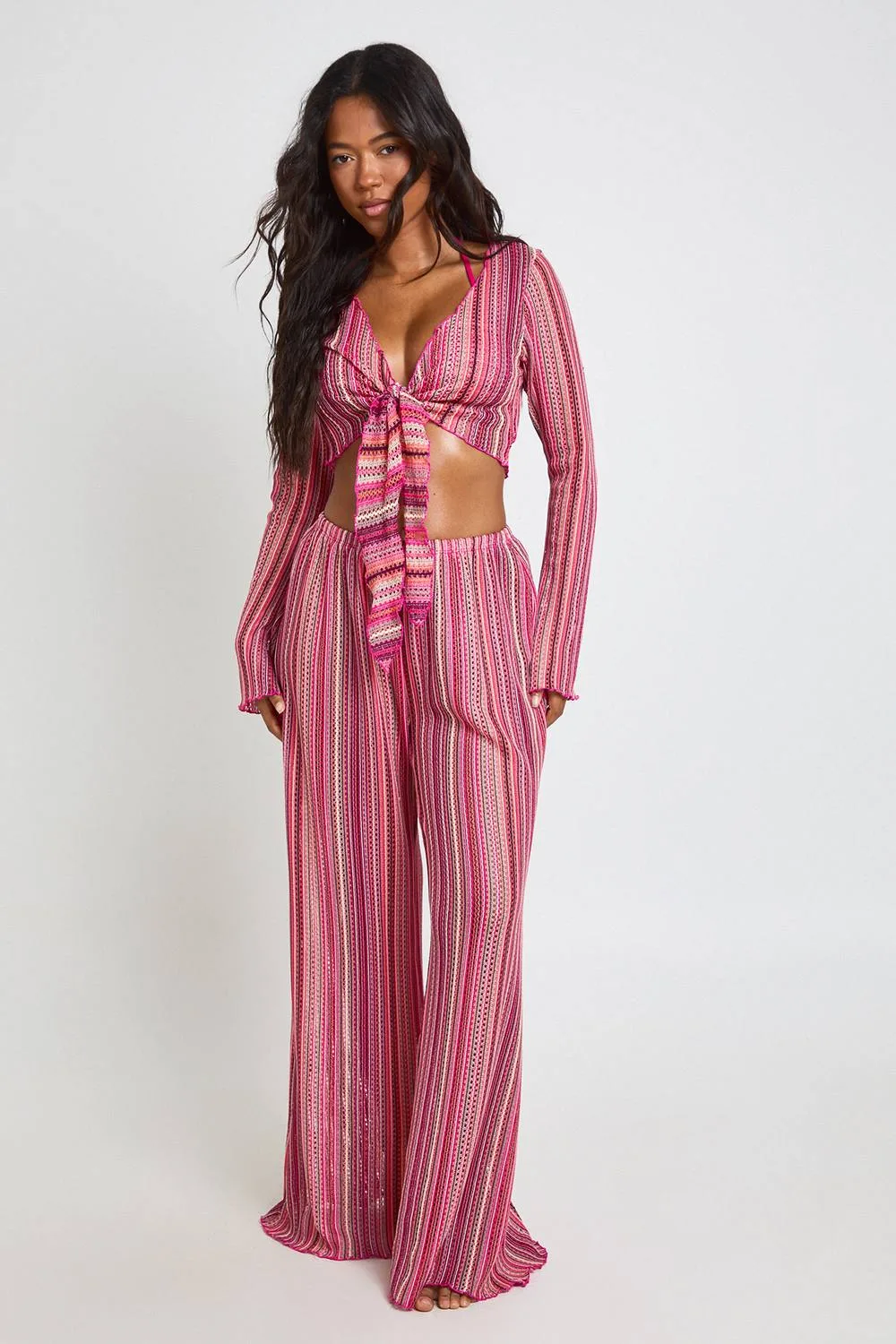 Patterned Knitted Knot Top & Wide Leg Trouser Beach Co-Ord by boohoo
