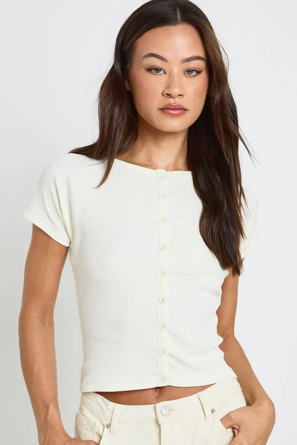 Rib Button Through Cap Sleeve Top - Denim/Polyurethane by boohoo