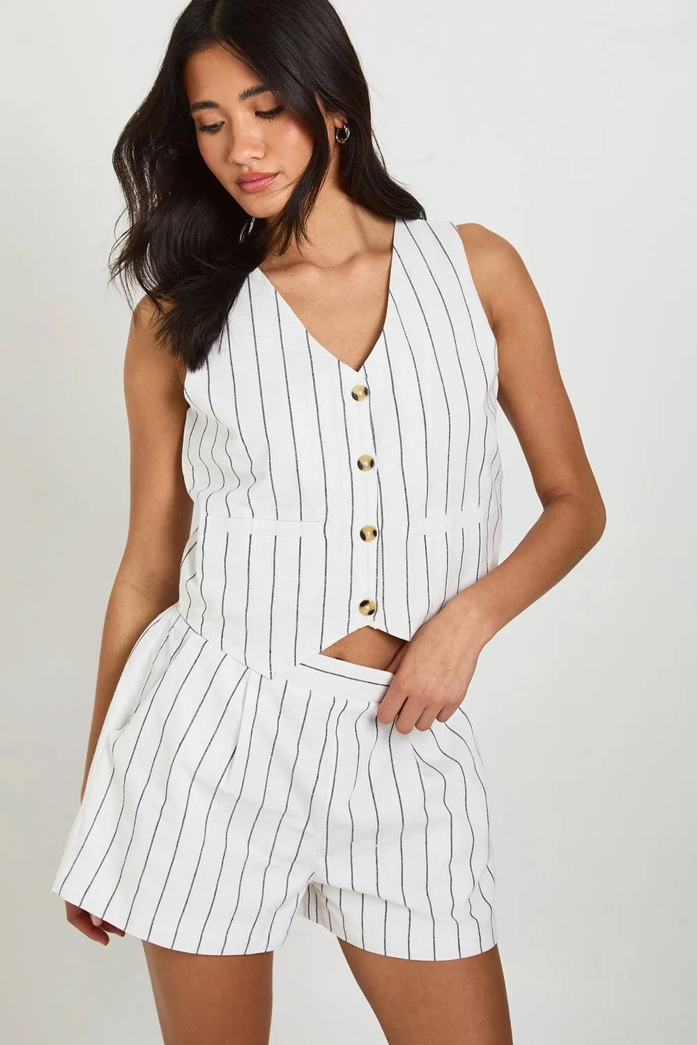 Linen Look Striped Waistcoat & Relaxed Fit Shorts - Linen/Woven by boohoo