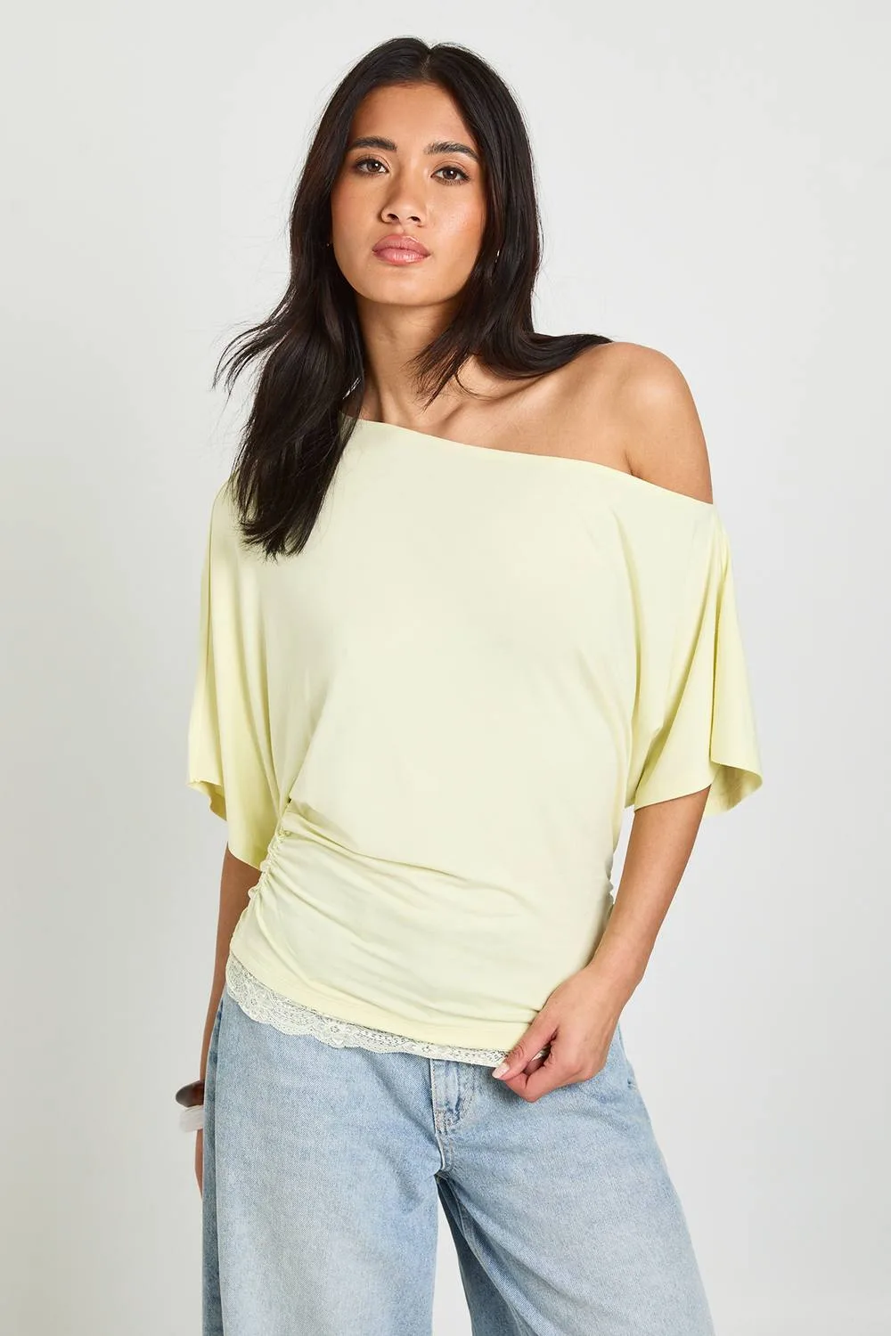 Off the Shoulder Lace Trim T-Shirt - Denim/Viscose/Elastane by boohoo