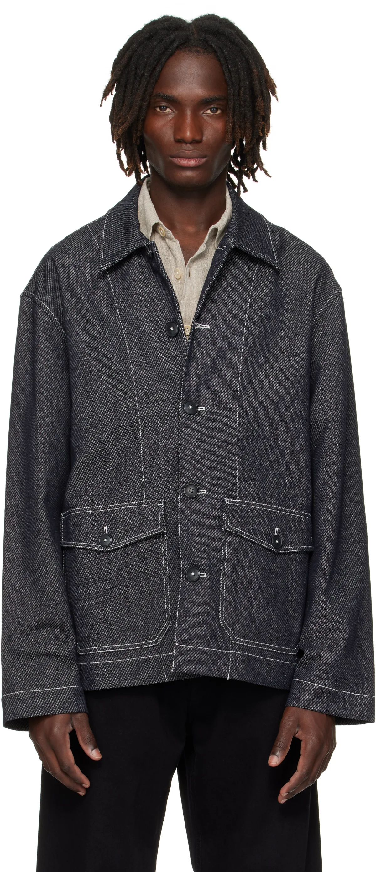 Black Twill Denim Jacket by COMMAS