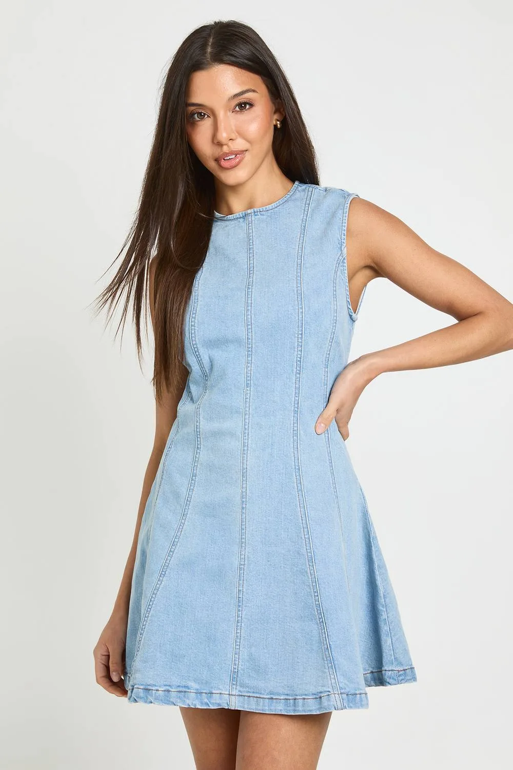 Sleeveless Seam Detail Denim Mini Dress - Denim/Cotton by boohoo
