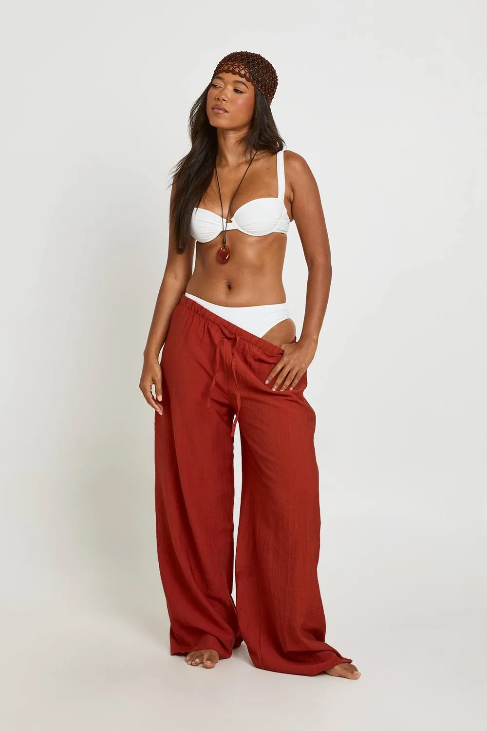 Linen Look Wide Leg Beach Trousers by boohoo